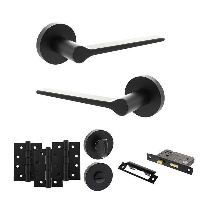 Quality image of Senza Pari Laviano Door Handle Pack (Bathroom Set - 2.5" CE Bathroom Lock, 4" Fire Rated Hinges x3) - Matt Black | Sku. adpspr180mb10 | available from Trade Door Handles.