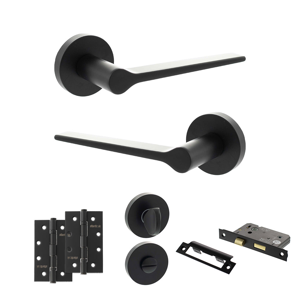 Quality image of Senza Pari Laviano Door Handle Pack (Bathroom Set - 3" CE Bathroom Lock, 4" Slim Knuckle Hinges x2) - Matt Black | Sku. adpspr180mb13 | available from Trade Door Handles.