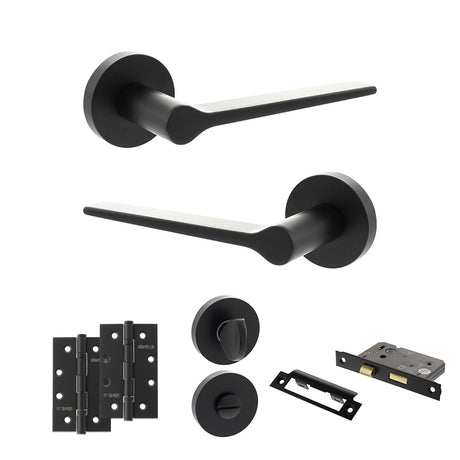 Quality image of Senza Pari Laviano Door Handle Pack (Bathroom Set - 3" CE Bathroom Lock, 4" Slim Knuckle Hinges x2) - Matt Black | Sku. adpspr180mb13 | available from Trade Door Handles.