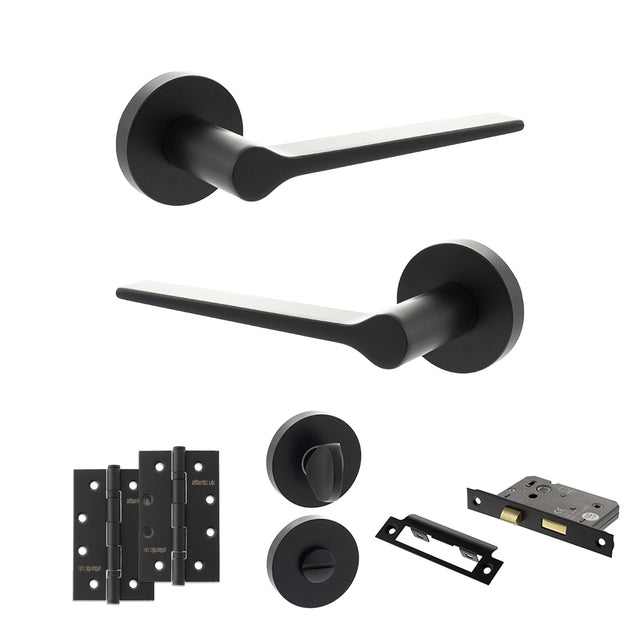 Quality image of Senza Pari Laviano Door Handle Pack (Bathroom Set - 3" CE Bathroom Lock, 4" Slim Knuckle Hinges x2) - Matt Black | Sku. adpspr180mb13 | available from Trade Door Handles.