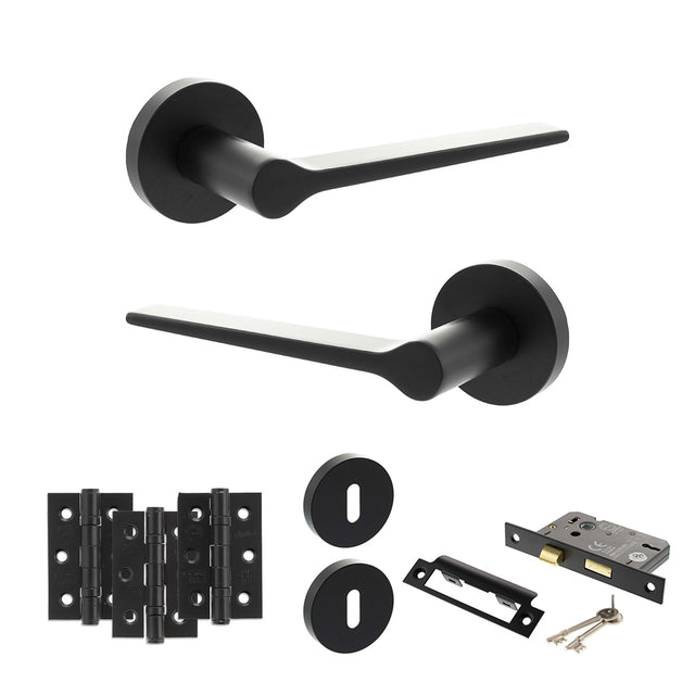 Quality image of Senza Pari Laviano Door Handle Pack (3 Lever Lock Set - 3" CE Sashlock, 3" Fire Rated Hinges x3) - Matt Black | Sku. adpspr180mb15 | available from Trade Door Handles.