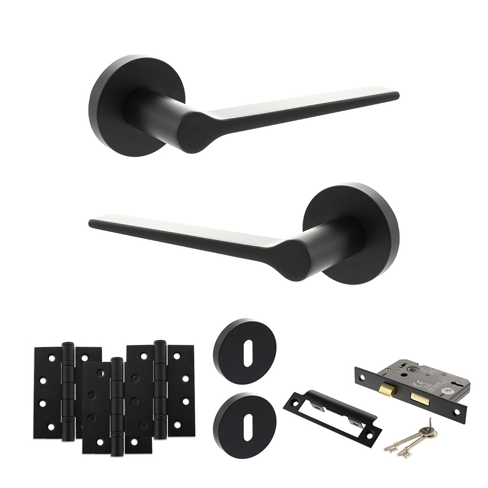 Quality image of Senza Pari Laviano Door Handle Pack (3 Lever Lock Set - 2.5" CE Sashlock, 4" Fire Rated Hinges x3) - Matt Black | Sku. adpspr180mb16 | available from Trade Door Handles.