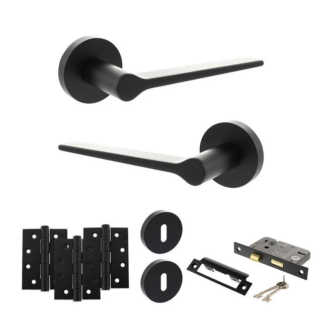 Quality image of Senza Pari Laviano Door Handle Pack (3 Lever Lock Set - 2.5" CE Sashlock, 4" Fire Rated Hinges x3) - Matt Black | Sku. adpspr180mb16 | available from Trade Door Handles.