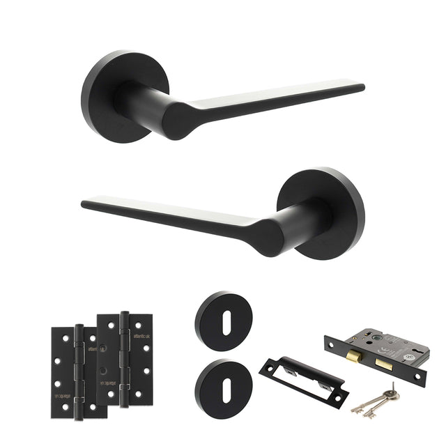 Quality image of Senza Pari Laviano Door Handle Pack (3 Lever Lock Set - 2.5" CE Sashlock, 4" Slim Knuckle Hinges x2) - Matt Black | Sku. adpspr180mb18 | available from Trade Door Handles.