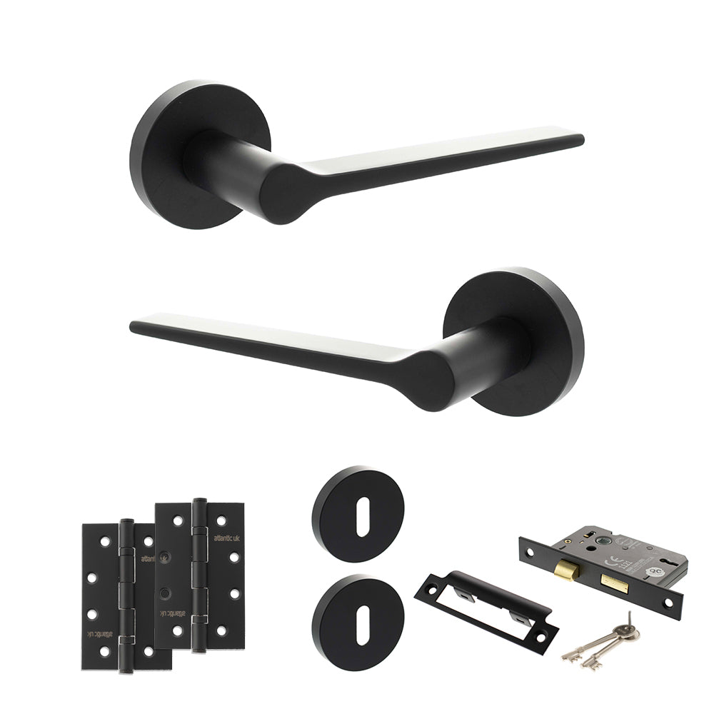Quality image of Senza Pari Laviano Door Handle Pack (3 Lever Lock Set - 3" CE Sashlock, 4" Slim Knuckle Hinges x2) - Matt Black | Sku. adpspr180mb19 | available from Trade Door Handles.