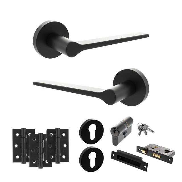 Quality image of Senza Pari Laviano Door Handle Pack (Euro Lock Set - 2.5" CE Sashlock, 3" Fire Rated Hinges x3) - Matt Black | Sku. adpspr180mb20 | available from Trade Door Handles.