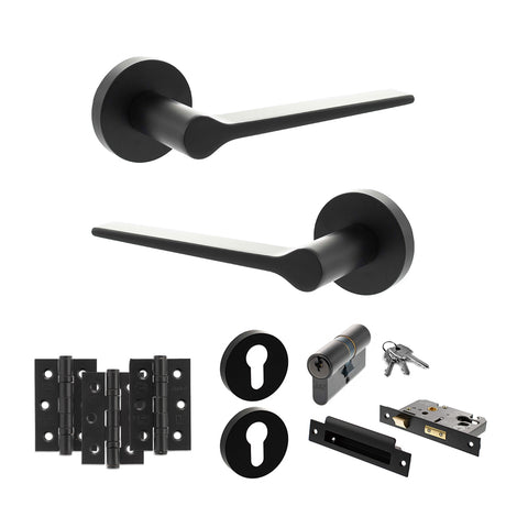 Quality image of Senza Pari Laviano Door Handle Pack (Euro Lock Set - 3" CE Sashlock, 3" Fire Rated Hinges x3) - Matt Black | Sku. adpspr180mb21 | available from Trade Door Handles.