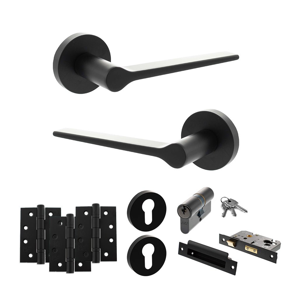 Quality image of Senza Pari Laviano Door Handle Pack (Euro Lock Set - 3" CE Sashlock, 4" Fire Rated Hinges x3) - Matt Black | Sku. adpspr180mb23 | available from Trade Door Handles.