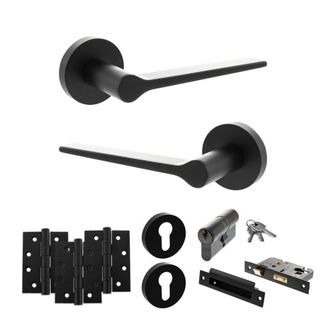Quality image of Senza Pari Laviano Door Handle Pack (Euro Lock Set - 3" CE Sashlock, 4" Fire Rated Hinges x3) - Matt Black | Sku. adpspr180mb23 | available from Trade Door Handles.