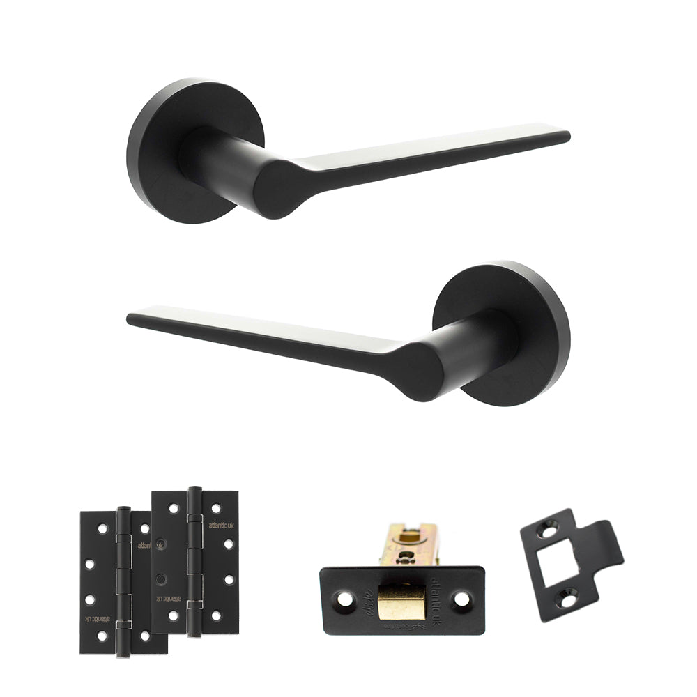Quality image of Senza Pari Laviano Door Handle Pack (Latch Set - 2.5" CE Latch, 4" Slim Knuckle Hinges x2) - Matt Black | Sku. adpspr180mb5 | available from Trade Door Handles.