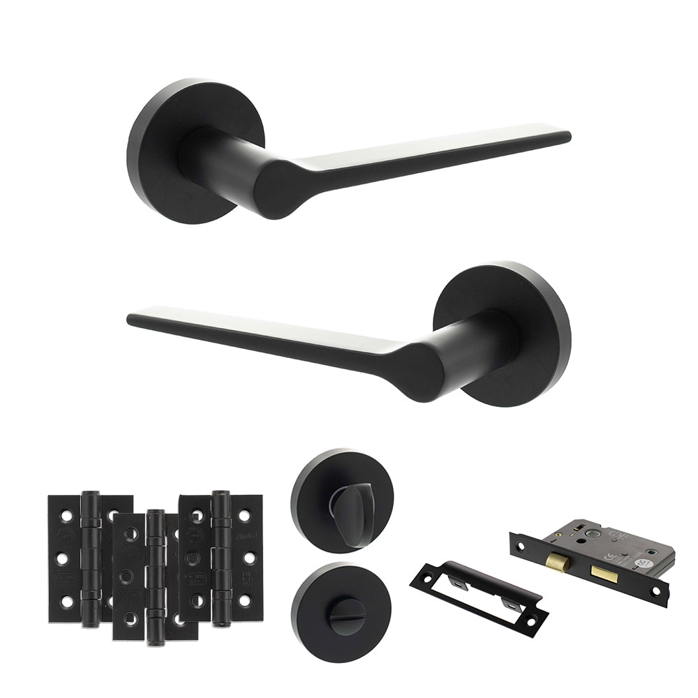 Quality image of Senza Pari Laviano Door Handle Pack (Bathroom Set - 3" CE Bathroom Lock, 3" Fire Rated Hinges x3) - Matt Black | Sku. adpspr180mb9 | available from Trade Door Handles.
