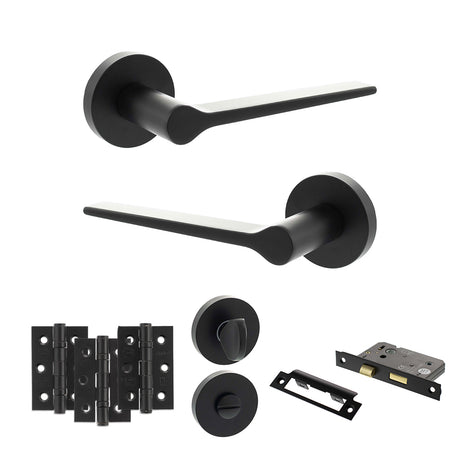Quality image of Senza Pari Laviano Door Handle Pack (Bathroom Set - 3" CE Bathroom Lock, 3" Fire Rated Hinges x3) - Matt Black | Sku. adpspr180mb9 | available from Trade Door Handles.