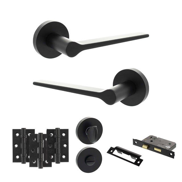 Quality image of Senza Pari Laviano Door Handle Pack (Bathroom Set - 3" CE Bathroom Lock, 3" Fire Rated Hinges x3) - Matt Black | Sku. adpspr180mb9 | available from Trade Door Handles.