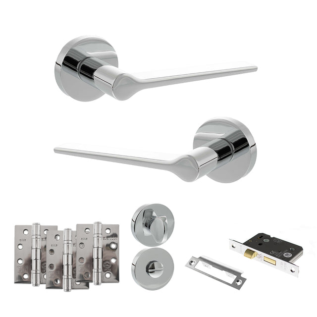 Quality image of Senza Pari Laviano Door Handle Pack (Bathroom Set - 3" CE Bathroom Lock, 4" Fire Rated Hinges x3) - Polished Chrome | Sku. adpspr180pc11 | available from Trade Door Handles.