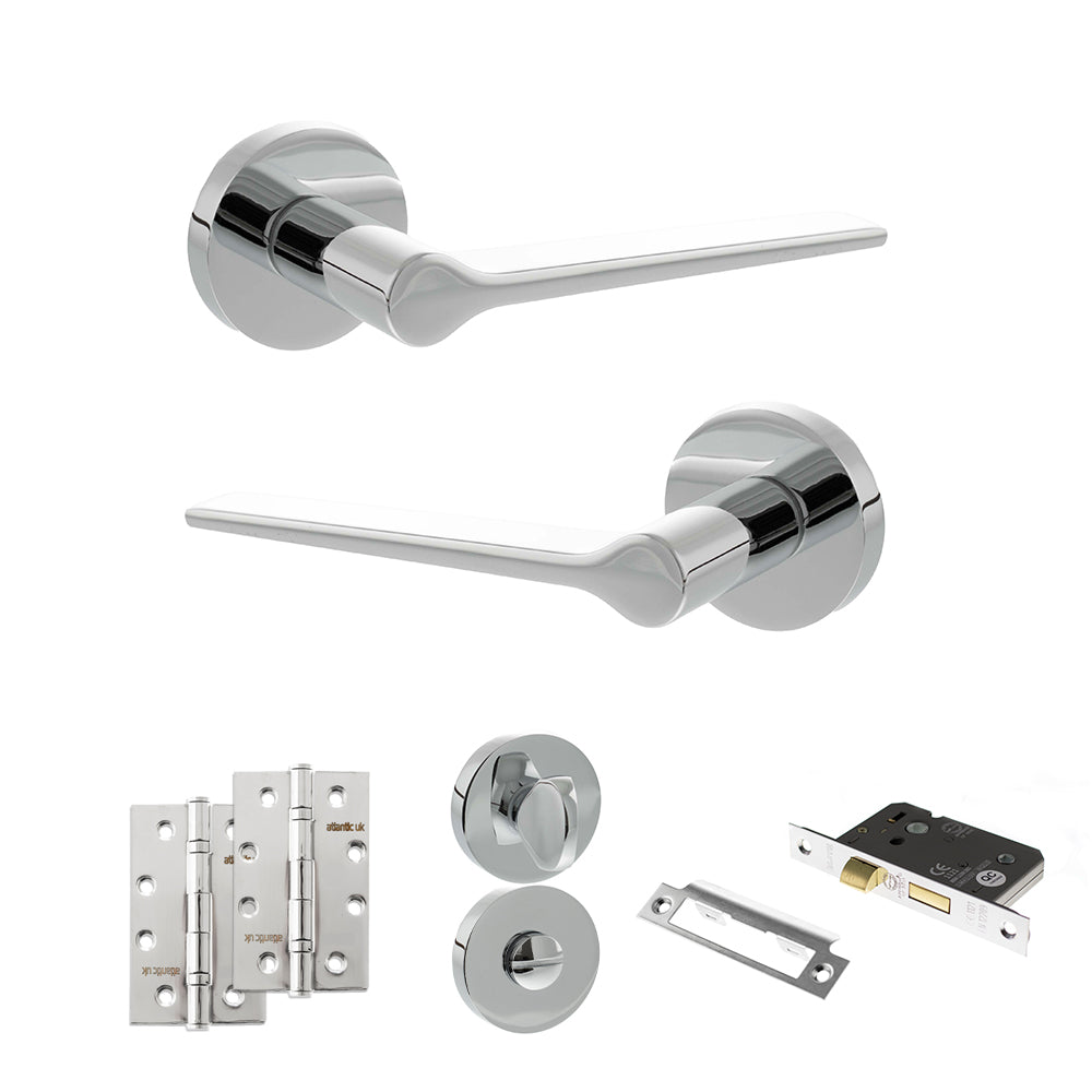 Quality image of Senza Pari Laviano Door Handle Pack (Bathroom Set - 2.5" CE Bathroom Lock, 4" Slim Knuckle Hinges x2) - Polished Chrome | Sku. adpspr180pc12 | available from Trade Door Handles.