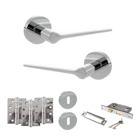 Quality image of Senza Pari Laviano Door Handle Pack (3 Lever Lock Set - 2.5" CE Sashlock, 4" Fire Rated Hinges x3) - Polished Chrome | Sku. adpspr180pc16 | available from Trade Door Handles.
