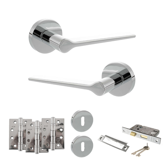 Quality image of Senza Pari Laviano Door Handle Pack (3 Lever Lock Set - 2.5" CE Sashlock, 4" Fire Rated Hinges x3) - Polished Chrome | Sku. adpspr180pc16 | available from Trade Door Handles.