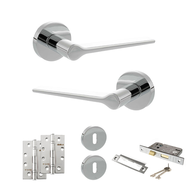 Quality image of Senza Pari Laviano Door Handle Pack (3 Lever Lock Set - 3" CE Sashlock, 4" Slim Knuckle Hinges x2) - Polished Chrome | Sku. adpspr180pc19 | available from Trade Door Handles.