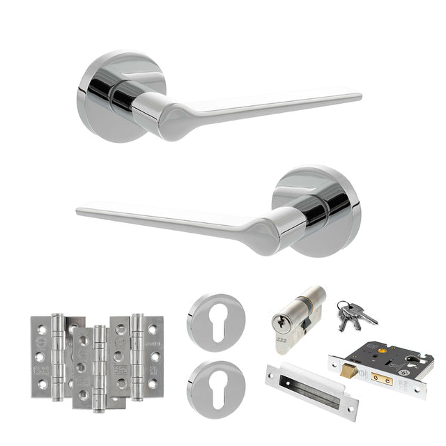 Quality image of Senza Pari Laviano Door Handle Pack (Euro Lock Set - 3" CE Sashlock, 3" Fire Rated Hinges x3) - Polished Chrome | Sku. adpspr180pc21 | available from Trade Door Handles.