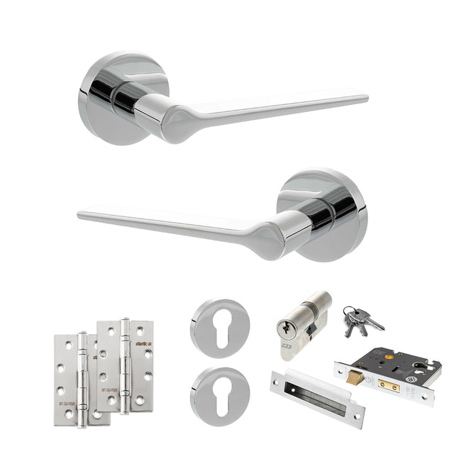 Quality image of Senza Pari Laviano Door Handle Pack (Euro Lock Set - 2.5" CE Sashlock, 4" Slim Knuckle Hinges x2) - Polished Chrome | Sku. adpspr180pc24 | available from Trade Door Handles.