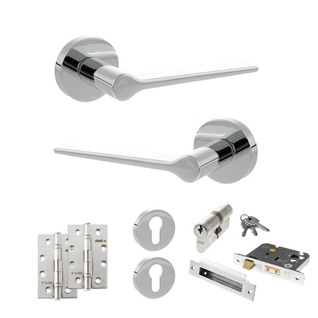 Quality image of Senza Pari Laviano Door Handle Pack (Euro Lock Set - 3" CE Sashlock, 4" Slim Knuckle Hinges x2) - Polished Chrome | Sku. adpspr180pc25 | available from Trade Door Handles.