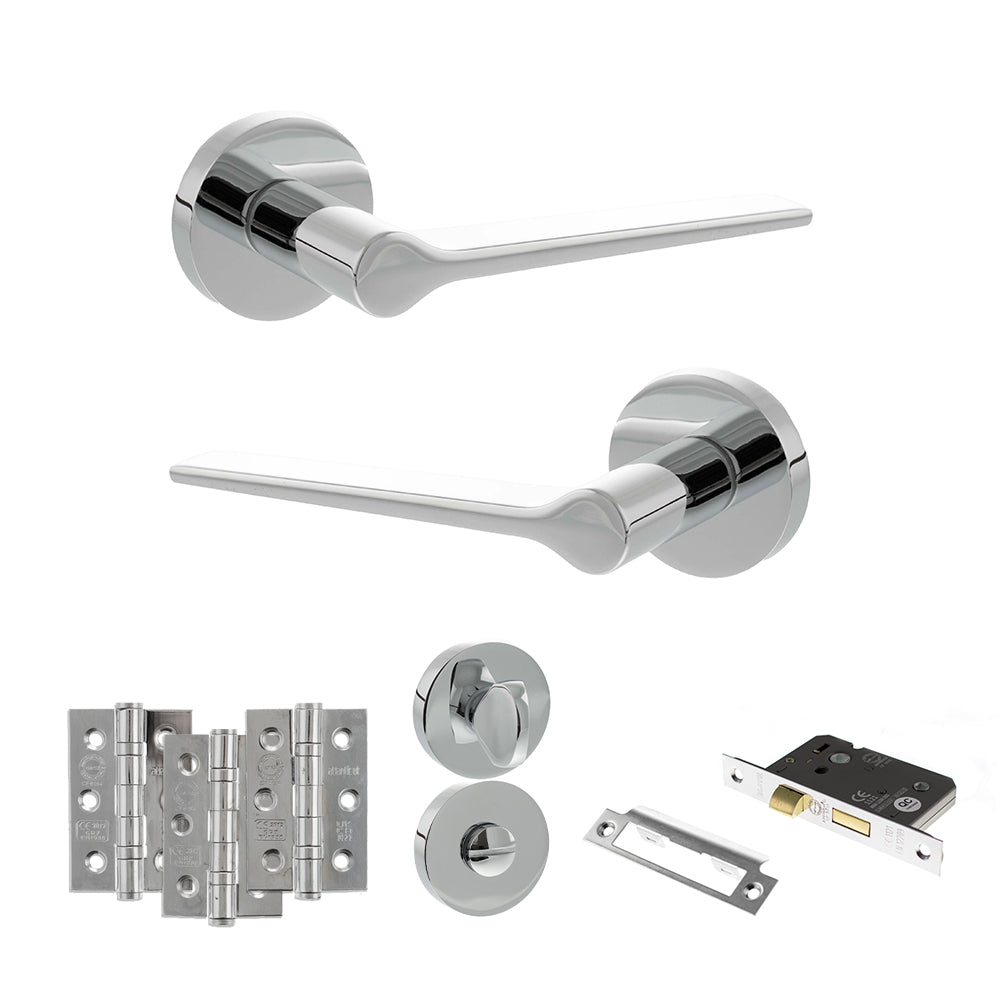 Quality image of Senza Pari Laviano Door Handle Pack (Bathroom Set - 2.5" CE Bathroom Lock, 3" Fire Rated Hinges x3) - Polished Chrome | Sku. adpspr180pc8 | available from Trade Door Handles.