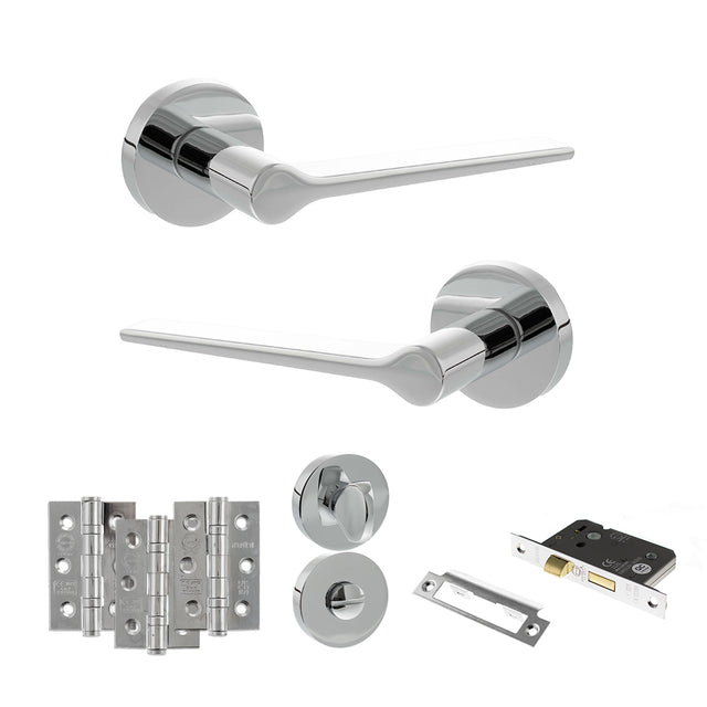 Quality image of Senza Pari Laviano Door Handle Pack (Bathroom Set - 3" CE Bathroom Lock, 3" Fire Rated Hinges x3) - Polished Chrome | Sku. adpspr180pc9 | available from Trade Door Handles.
