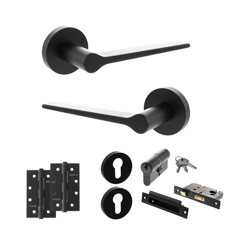 Quality image of Senza Pari Laviano Door Handle Pack (Euro Lock Set - 3" CE Sashlock, 4" Slim Knuckle Hinges x2) - Matt Black | Sku. adpspr180mb25 | available from Trade Door Handles.