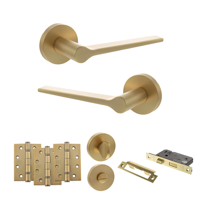 Quality image of Senza Pari Laviano Door Handle Pack (Bathroom Set - 3" CE Bathroom Lock, 4" Fire Rated Hinges x3) - Satin Brass | Sku. adpspr180sb11 | available from Trade Door Handles.