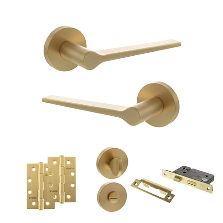 Quality image of Senza Pari Laviano Door Handle Pack (Bathroom Set - 2.5" CE Bathroom Lock, 4" Slim Knuckle Hinges x2) - Satin Brass | Sku. adpspr180sb12 | available from Trade Door Handles.