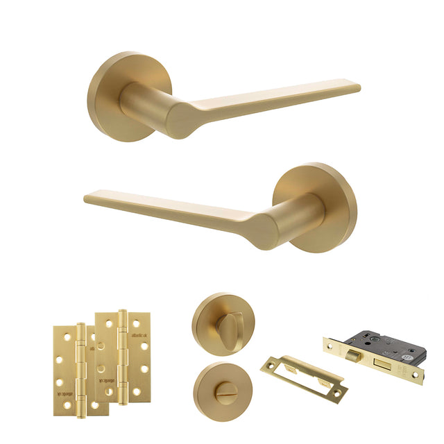 Quality image of Senza Pari Laviano Door Handle Pack (Bathroom Set - 2.5" CE Bathroom Lock, 4" Slim Knuckle Hinges x2) - Satin Brass | Sku. adpspr180sb12 | available from Trade Door Handles.