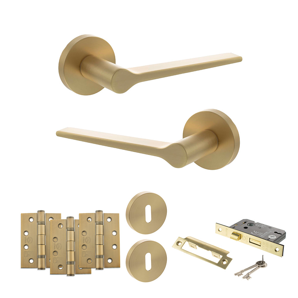 Quality image of Senza Pari Laviano Door Handle Pack (3 Lever Lock Set - 3" CE Sashlock, 4" Fire Rated Hinges x3) - Satin Brass | Sku. adpspr180sb17 | available from Trade Door Handles.