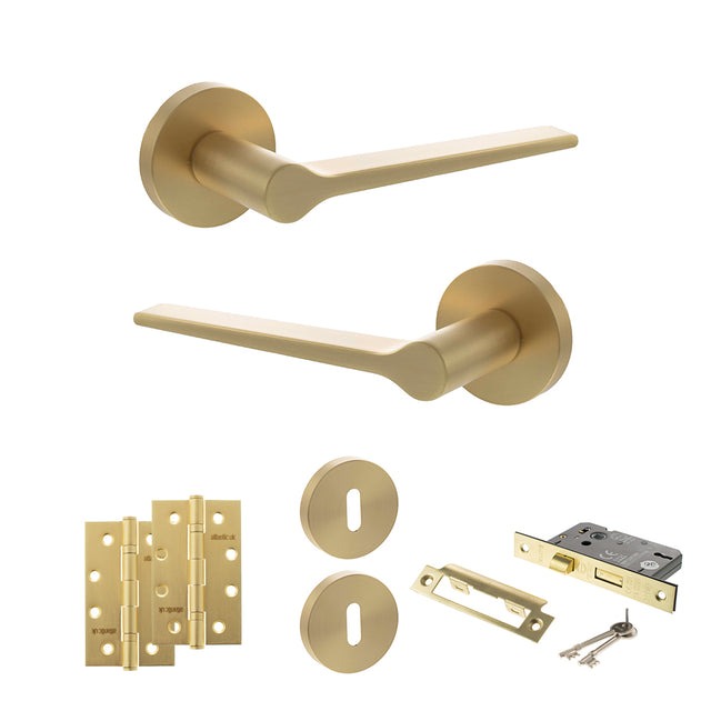 Quality image of Senza Pari Laviano Door Handle Pack (3 Lever Lock Set - 3" CE Sashlock, 4" Slim Knuckle Hinges x2) - Satin Brass | Sku. adpspr180sb19 | available from Trade Door Handles.