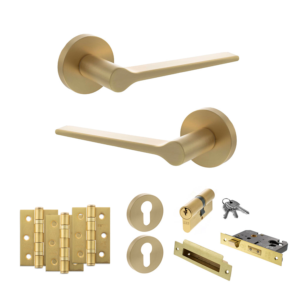 Quality image of Senza Pari Laviano Door Handle Pack (Euro Lock Set - 2.5" CE Sashlock, 3" Fire Rated Hinges x3) - Satin Brass | Sku. adpspr180sb20 | available from Trade Door Handles.