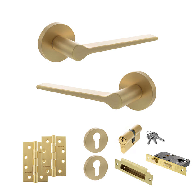 Quality image of Senza Pari Laviano Door Handle Pack (Euro Lock Set - 2.5" CE Sashlock, 4" Slim Knuckle Hinges x2) - Satin Brass | Sku. adpspr180sb24 | available from Trade Door Handles.