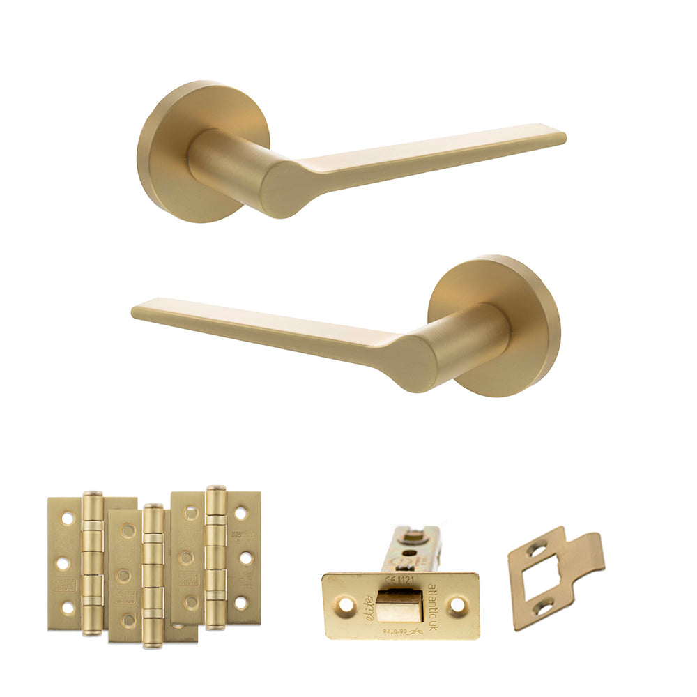 Quality image of Senza Pari Laviano Door Handle Pack (Latch Set - 3" CE Latch, 3" Fire Rated Hinges x3) - Satin Brass | Sku. adpspr180sb2 | available from Trade Door Handles.