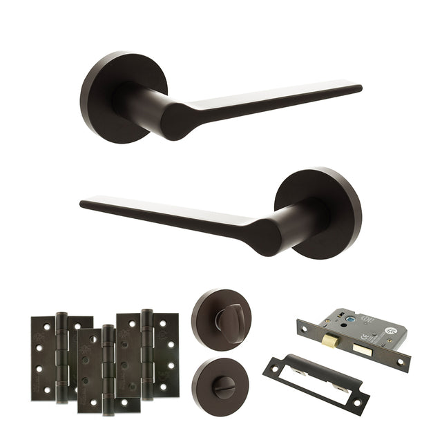 Quality image of Senza Pari Laviano Door Handle Pack (Bathroom Set - 2.5" CE Bathroom Lock, 4" Fire Rated Hinges x3) - Urban Dark Bronze | Sku. adpspr180udb10 | available from Trade Door Handles.