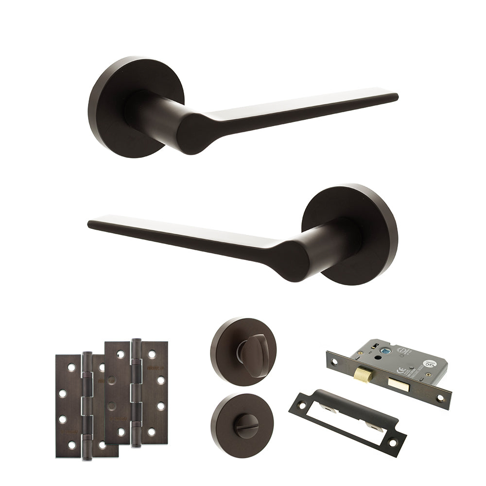 Quality image of Senza Pari Laviano Door Handle Pack (Bathroom Set - 2.5" CE Bathroom Lock, 4" Slim Knuckle Hinges x2) - Urban Dark Bronze | Sku. adpspr180udb12 | available from Trade Door Handles.