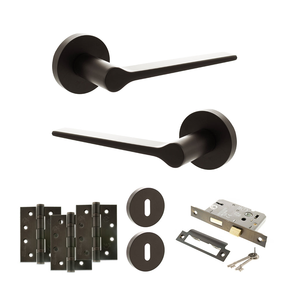 Quality image of Senza Pari Laviano Door Handle Pack (3 Lever Lock Set - 3" CE Sashlock, 4" Fire Rated Hinges x3) - Urban Dark Bronze | Sku. adpspr180udb17 | available from Trade Door Handles.