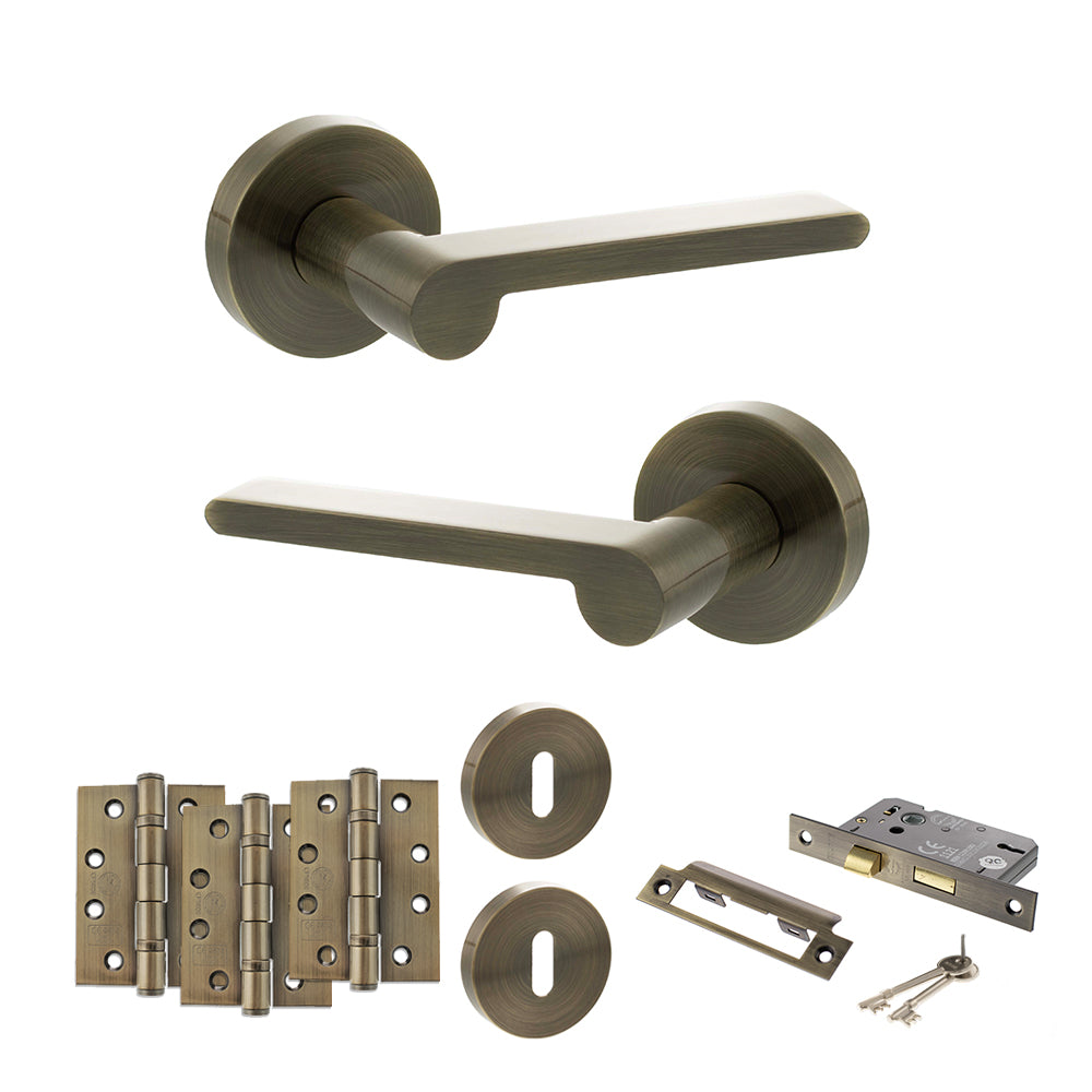 Quality image of Senza Pari Darrio Door Handle Pack (3 Lever Lock Set - 2.5" CE Sashlock, 4" Fire Rated Hinges x3) - Antique Brass | Sku. adpspro218ab16 | available from Trade Door Handles.