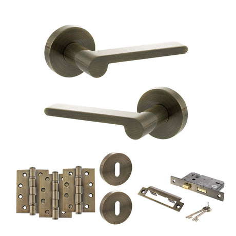 Quality image of Senza Pari Darrio Door Handle Pack (3 Lever Lock Set - 2.5" CE Sashlock, 4" Fire Rated Hinges x3) - Antique Brass | Sku. adpspro218ab16 | available from Trade Door Handles.