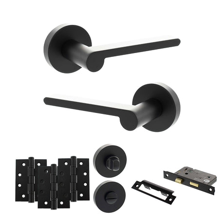 Quality image of Senza Pari Darrio Door Handle Pack (Bathroom Set - 2.5" CE Bathroom Lock, 4" Fire Rated Hinges x3) - Matt Black | Sku. adpspro218mb10 | available from Trade Door Handles.