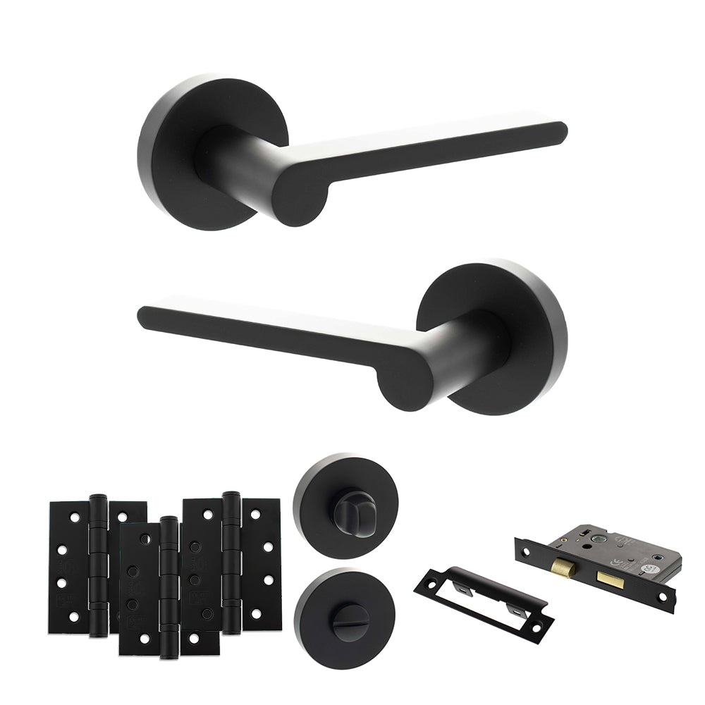 Quality image of Senza Pari Darrio Door Handle Pack (Bathroom Set - 3" CE Bathroom Lock, 4" Fire Rated Hinges x3) - Matt Black | Sku. adpspro218mb11 | available from Trade Door Handles.