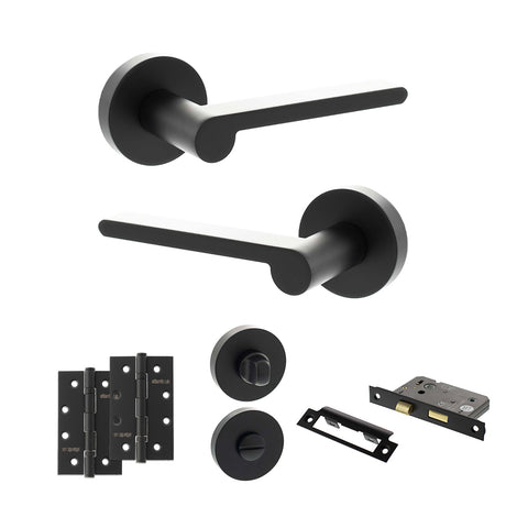Quality image of Senza Pari Darrio Door Handle Pack (Bathroom Set - 3" CE Bathroom Lock, 4" Slim Knuckle Hinges x2) - Matt Black | Sku. adpspro218mb13 | available from Trade Door Handles.