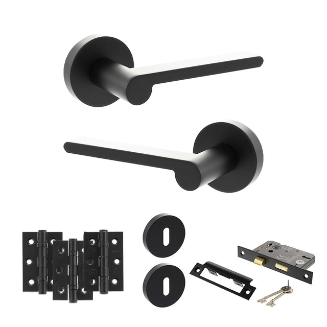 Quality image of Senza Pari Darrio Door Handle Pack (3 Lever Lock Set - 2.5" CE Sashlock, 3" Fire Rated Hinges x3) - Matt Black | Sku. adpspro218mb14 | available from Trade Door Handles.