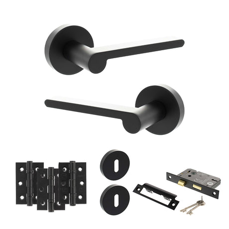 Quality image of Senza Pari Darrio Door Handle Pack (3 Lever Lock Set - 3" CE Sashlock, 3" Fire Rated Hinges x3) - Matt Black | Sku. adpspro218mb15 | available from Trade Door Handles.
