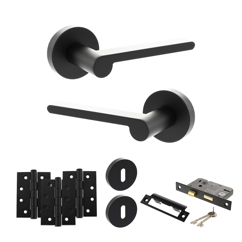 Quality image of Senza Pari Darrio Door Handle Pack (3 Lever Lock Set - 2.5" CE Sashlock, 4" Fire Rated Hinges x3) - Matt Black | Sku. adpspro218mb16 | available from Trade Door Handles.