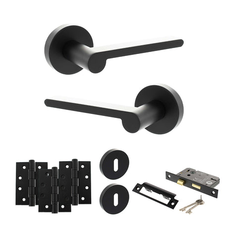 Quality image of Senza Pari Darrio Door Handle Pack (3 Lever Lock Set - 2.5" CE Sashlock, 4" Fire Rated Hinges x3) - Matt Black | Sku. adpspro218mb16 | available from Trade Door Handles.