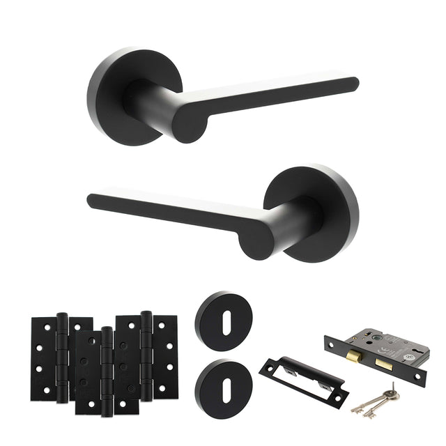 Quality image of Senza Pari Darrio Door Handle Pack (3 Lever Lock Set - 3" CE Sashlock, 4" Fire Rated Hinges x3) - Matt Black | Sku. adpspro218mb17 | available from Trade Door Handles.