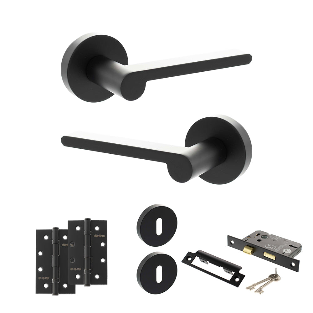 Quality image of Senza Pari Darrio Door Handle Pack (3 Lever Lock Set - 2.5" CE Sashlock, 4" Slim Knuckle Hinges x2) - Matt Black | Sku. adpspro218mb18 | available from Trade Door Handles.
